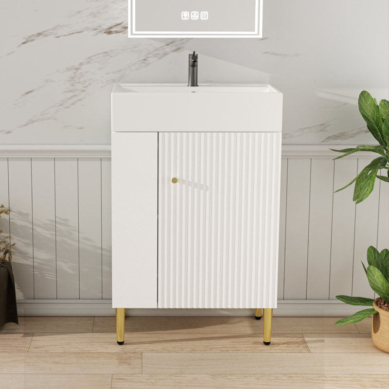 21.6  in. Single Sink Freestanding Bath Vanity with White Ceramic Sink, Open Storage, Easy Assembly, for Small Bathrooms