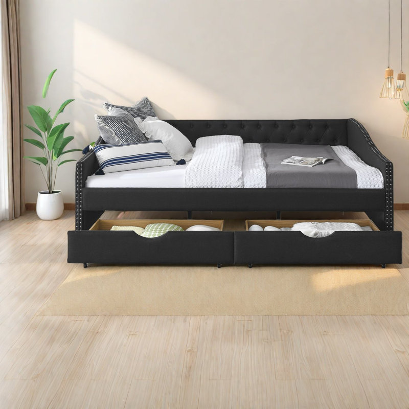 Grands lits avec rangement, lit de jour en bois MDF revêtu de lin pour la maison