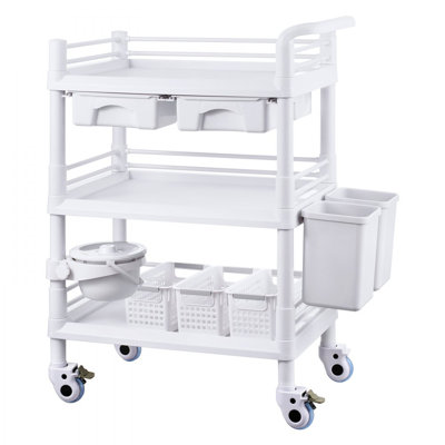 3 Tiers Lab Carts Mobile Medical Cart with 3 Trays & 3 Trash Cans White, Trolley Storage Cart with PP Material