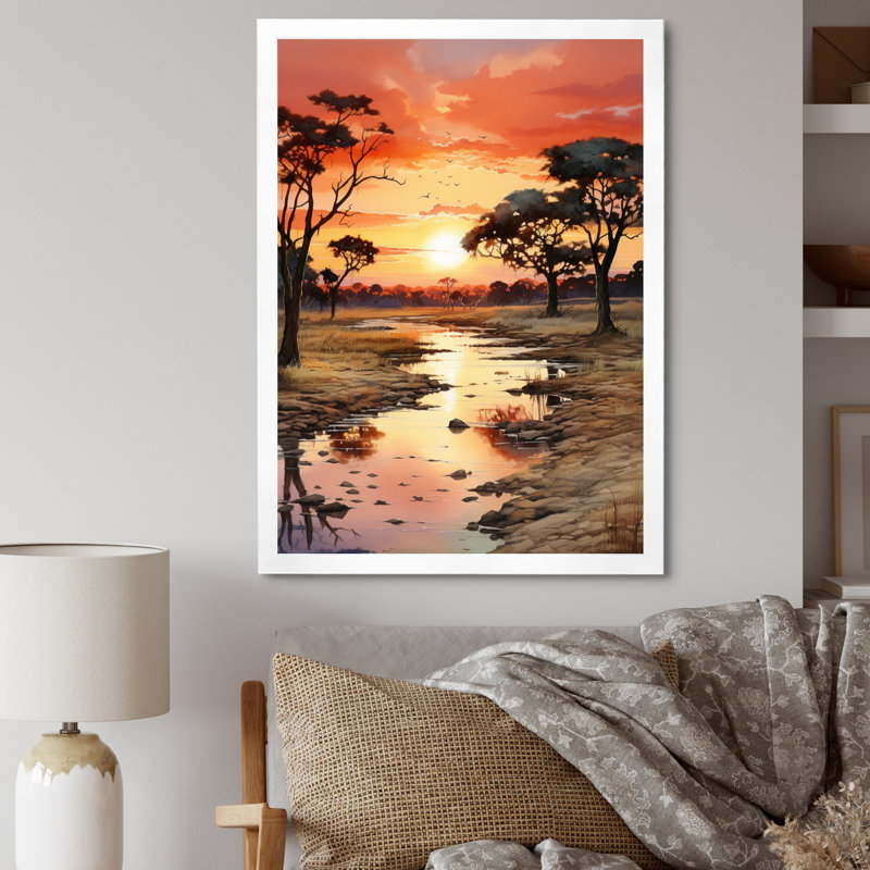Alsey, coucher de soleil africain Oasis II, H 32 po x l 16 po x P 1 po, Cadre photo blanc