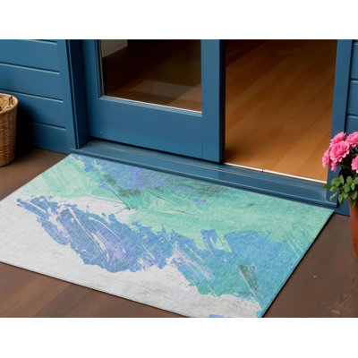 3' X 5' Pale Aqua Mint Green And Ivory Abstract Washable Indoor Outdoor Area Rug