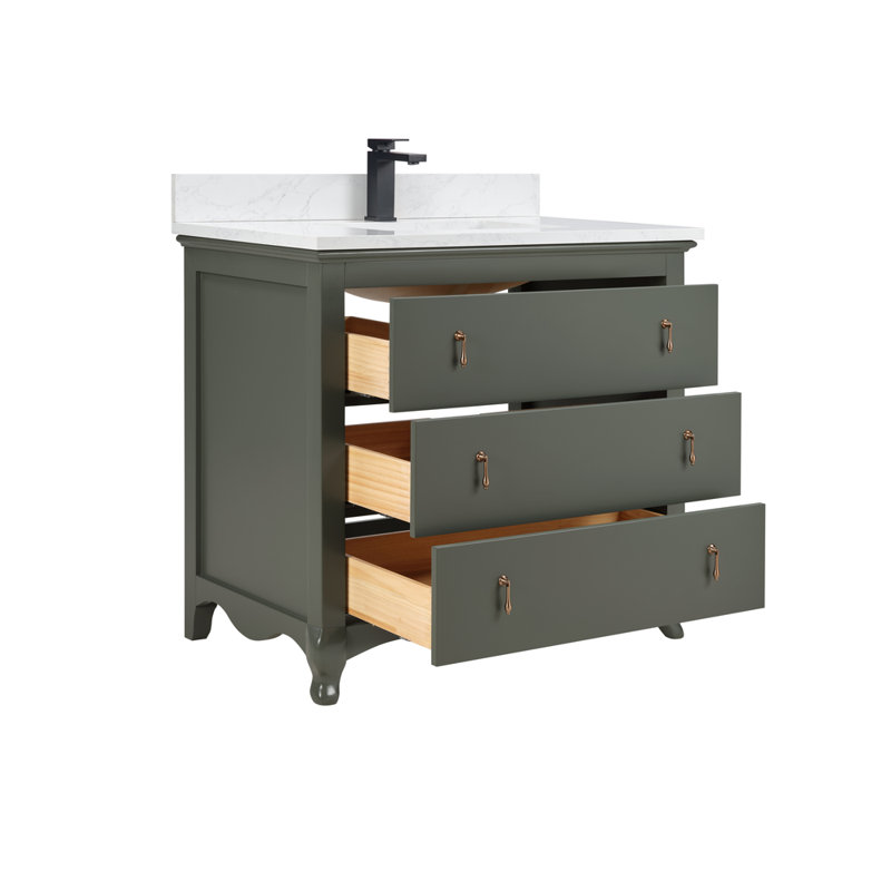 36" Solid Wood Bathroom Vanity with 1" Engineered Marble Top, Single Sink, Pewter Green