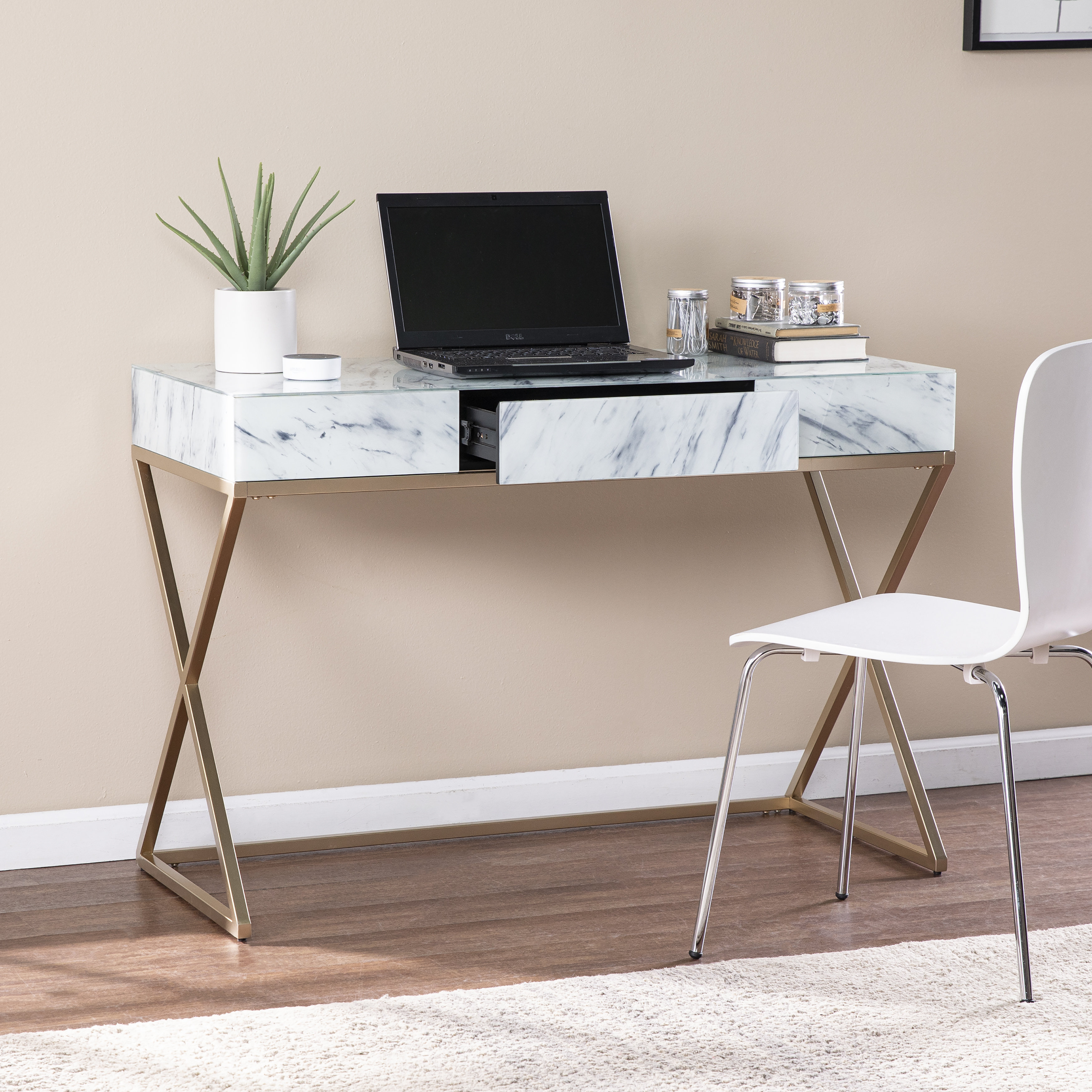 17 Stories Faux Marble Writing Desk With Storage And Drawers | Gift ...