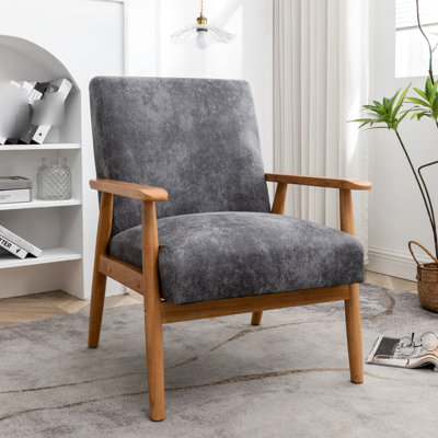 Chaise avec accoudoirs gris Mid-Century moderne, bois massif de 25,11 po de largeur, coussin en mousse souple, magnifique revêtement en microfibre, siège polyvalent et confortable