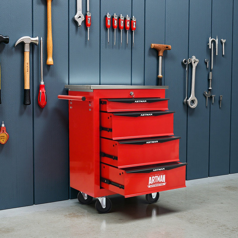 Chariot à outils multifonctionnel à 4 tiroirs avec roues, rangement pour chariot à outils roulant en métal pour atelier de garage