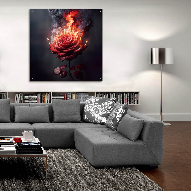 «Red Rose On Fire 1» par Rey Klimt, art mural en verre acrylique, H 36 po x l 36 po x P 0,2 po