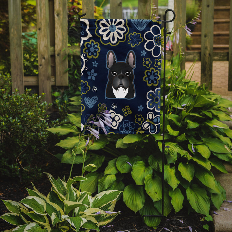 Terrier en fleurs à 2 côtés en polyester 15 x 11,5 po drapeau de jardin, Bouledogue français (pêche)