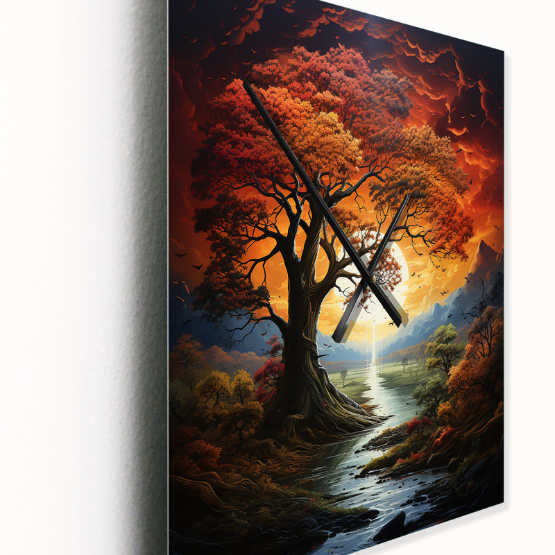 Horloge murale moderne arbre majestueux par Mythical River Sunset, Très grand