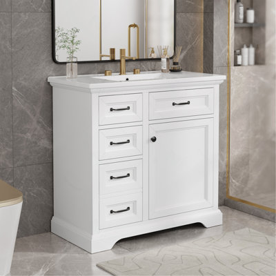 36-Inch Bathroom Vanity with Ceramic Sink Top, 4 Drawers and 1 Soft-Close Door, Freestanding Storage Cabinet with Metal Handles, Pre-Drilled for 8-Inch Faucet, White Finish