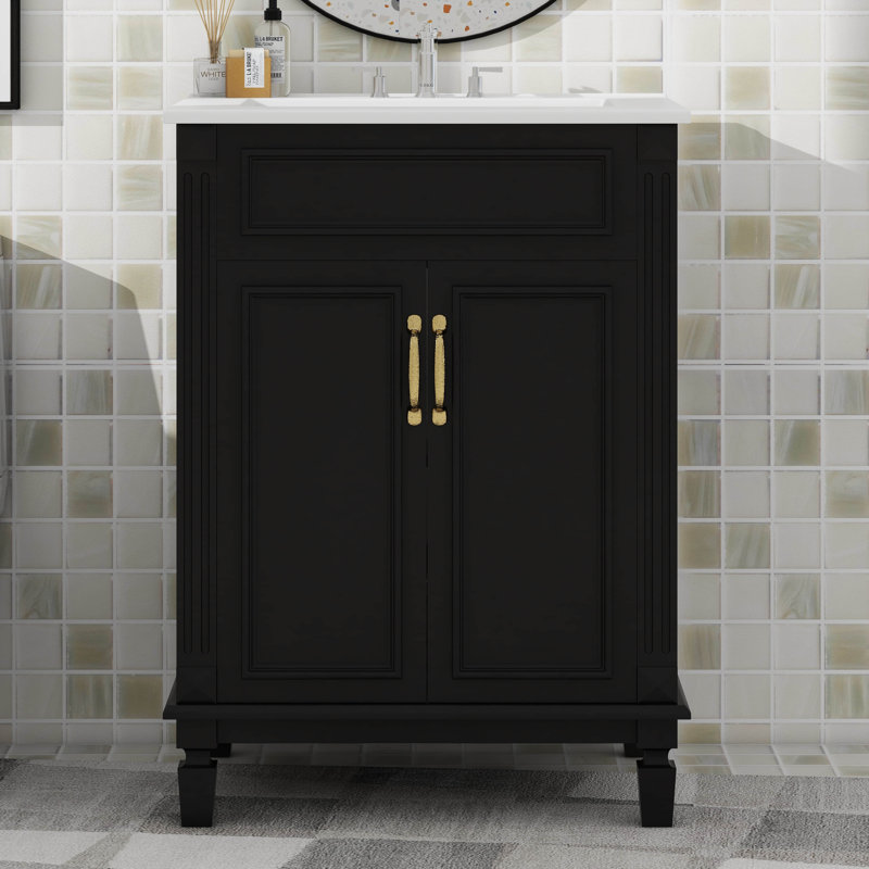 Meuble-lavabo 24 po avec lavabo supérieur, armoire de rangement moderne avec 2 portes et tablette réglable, Noir