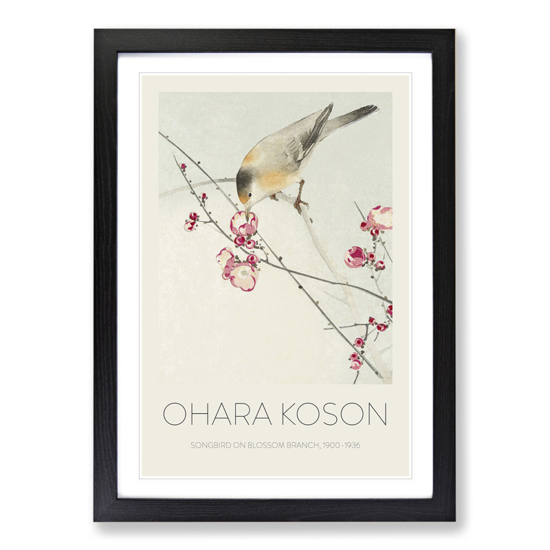 Songbird on a Blossom Branch - Picture Frame Painting, 48cm H x 36cm W x 2cm D, Black