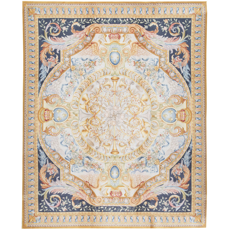 Tapis bleu marine et ivoire de haute qualité noué à la main