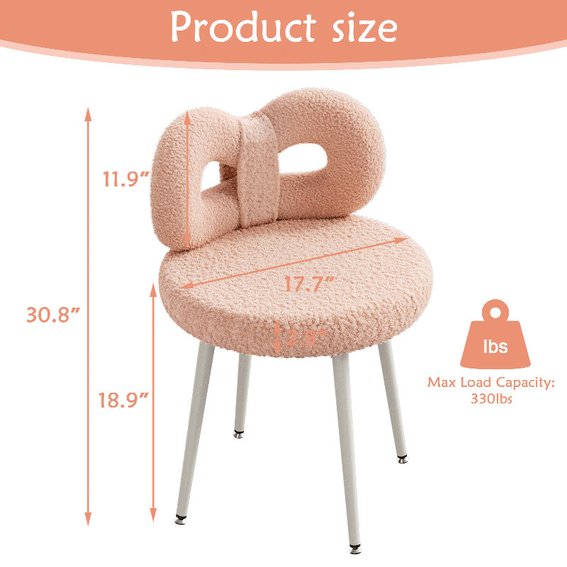Vanity Chair With Back 17.7 Wide, Pink, White