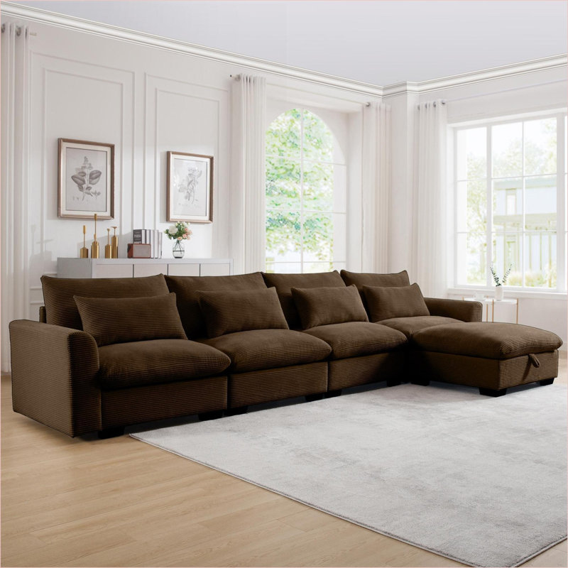 Canapés modulaires | Grand canapé modulaire en forme de L avec rangement, 4 coussins décoratifs, pour salon et appartement | Noyer brun | Velours côtelé