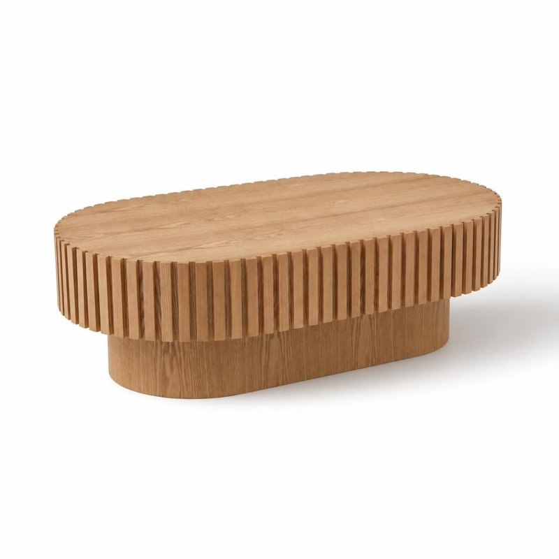 Table basse ovale moderne en forme de tambour, table basse compacte en bois avec pied central robuste, fabriquée artisanalement.
