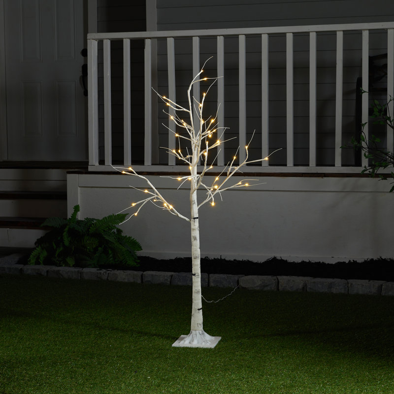 Birch Tree On Metal Base In/Outdoor with LED Lights with 8 Lighting Modes, 47" H x 7"W x 7" D, Beige