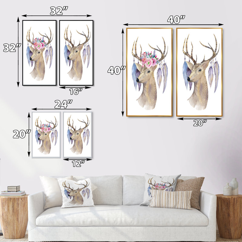 Caricature de cerf - ensemble de 2 impressions sur toile, H 32 po x l 32 po x P 1 po, Cadre flottant noir