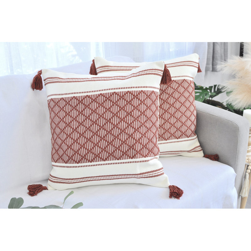 Woven Pillow Covers With Tassels, Geometric Pattern Pillowcases For Outdoor / Indoor (Set of 2), 18" x 18", Rust Brown