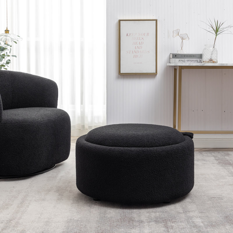 Savinien Upholstered Round Storage Ottoman, Black Performance Boucle