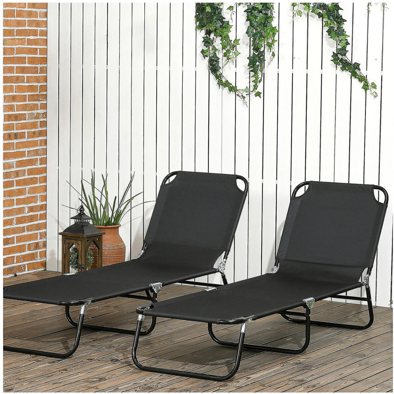 Outsunny 2 Piece Folding Chaise Lounge Pool Chairs, Outdoor Sun Tanning Chairs with 5-Level Reclining Back, Steel Frame for Beach, Yard, Patio, Black