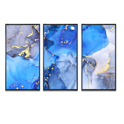 Bleu et or, art abstrait fluide de luxe - ensemble d'art moderne sur toile encadrée moderne de 3