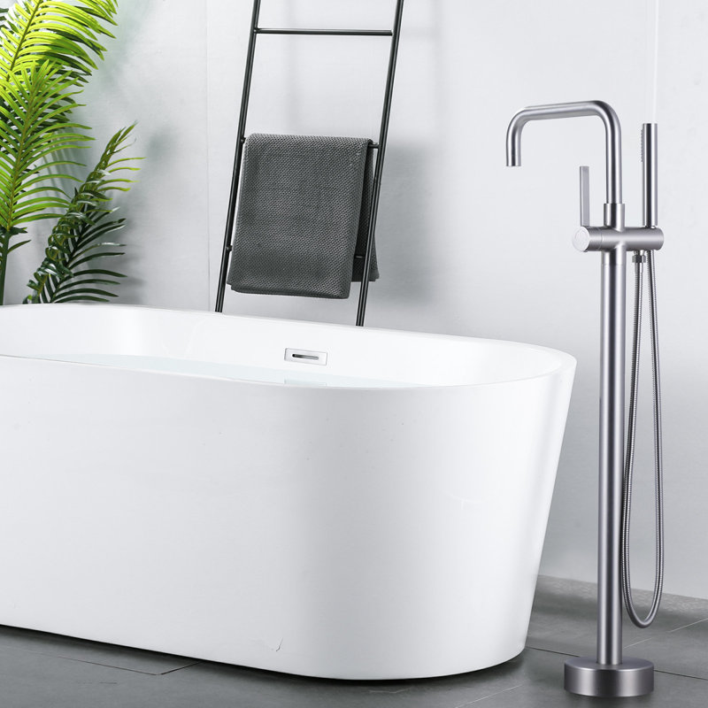 Single-Handle Freestanding Tub Faucet Floor Mount Bathtub Filler with Hand Shower, Brushed Nickel