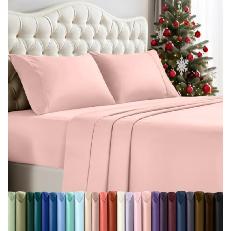 Ensemble de draps pour grand lit - 4 draps pour grand lit, microfibre douce et respirante, comprend 1 drap-housse, 1 drap plat et 2 taies d'oreiller (rose thé)