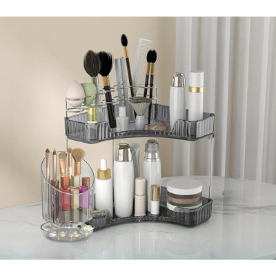 Organisateur de maquillage à 2 niveaux avec porte-brosse — Rangement de comptoir pour salle de bain en coin pour les soins de la peau, les parfums et les cosmétiques — Organisateur de meuble-lavabo en acrylique peu encombrant