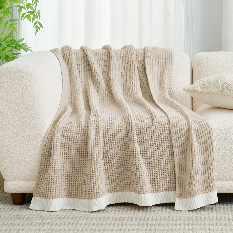Jeté réversible en tricot de chenille tissé gaufré pour canapé, lit et salon, L 50 po x L 60 po, Beige