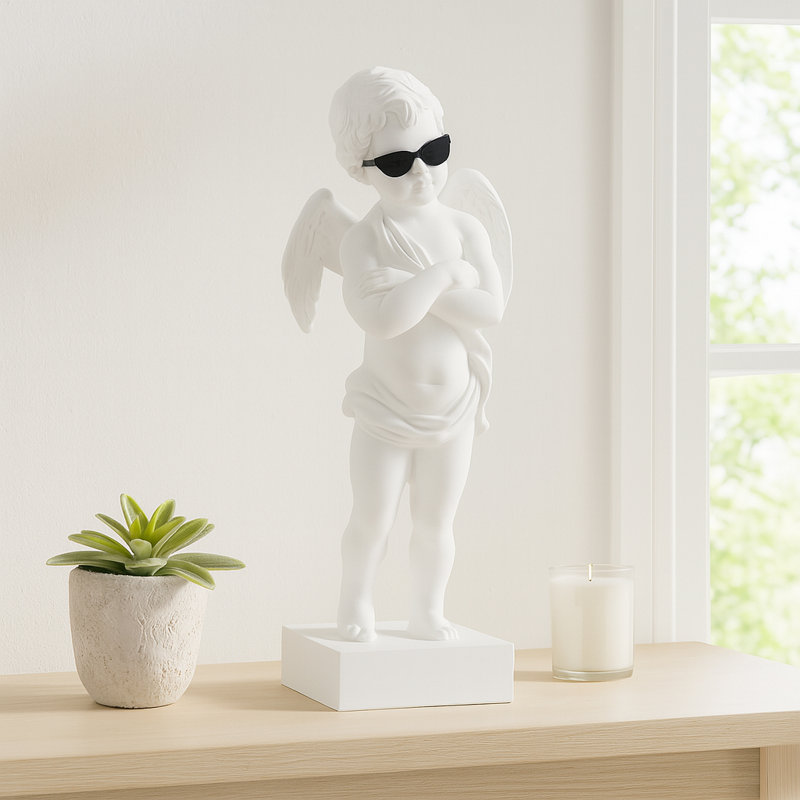 Figurine ange en résine avec lunettes de soleil, bureau contemporain, chambre à coucher, salon, décoration de table, 11 po, blanc