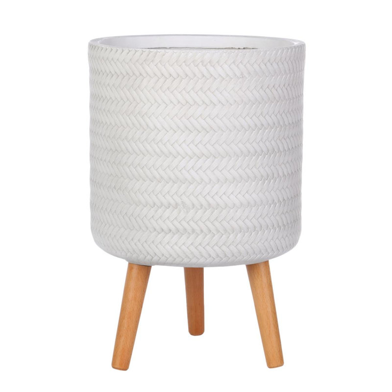 Concrete Effect Cylinder Round Planter on Hardwood Legs, Round Indoor Plant Pot Stand for Indoor Plants, Indoor Flower Pot with Plaited Pattern
