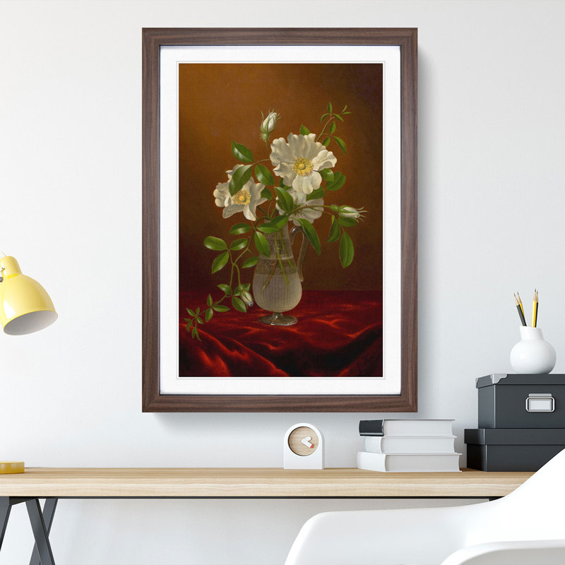 Cherokee Roses in a Vase by Martin Johnson Heade - Picture Frame Painting, Walnut Framed, 65cm H x 48cm W x 2cm D