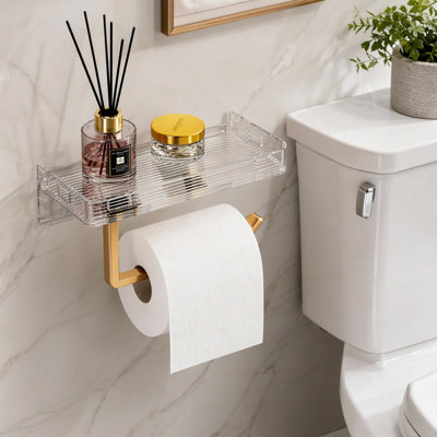Porte-papier hygiénique mural avec tablette en acrylique nervuré, tige en aluminium doré, support de rangement pour rouleaux de papier hygiénique sans perçage, pour la décoration de la salle de bain