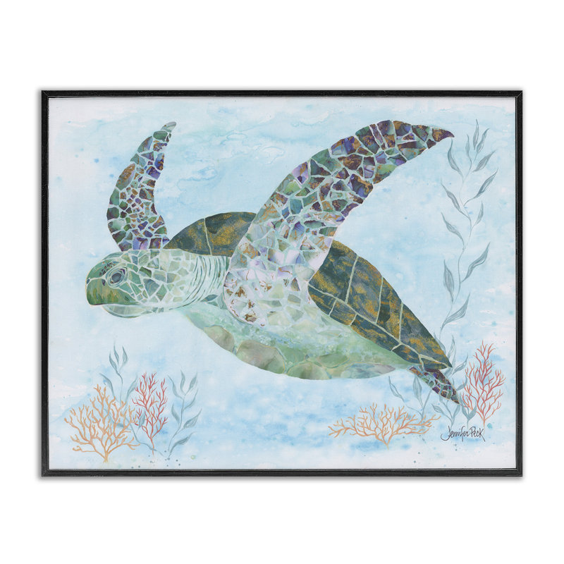 «Mosaic Tortoise Underwater Giclee Art» par Jennifer Peck, H 11 po x l 14 po, Giclée encadrée noir minuit