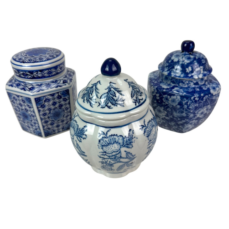 Ensemble de 3 pots à couvercle en porcelaine chinoise brillante bleue et blanche, d'une hauteur de 17 cm (6,75 pouces).