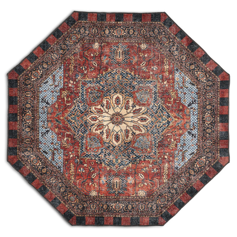 Heriz Checked Red Washable Rug, Octagon 6'