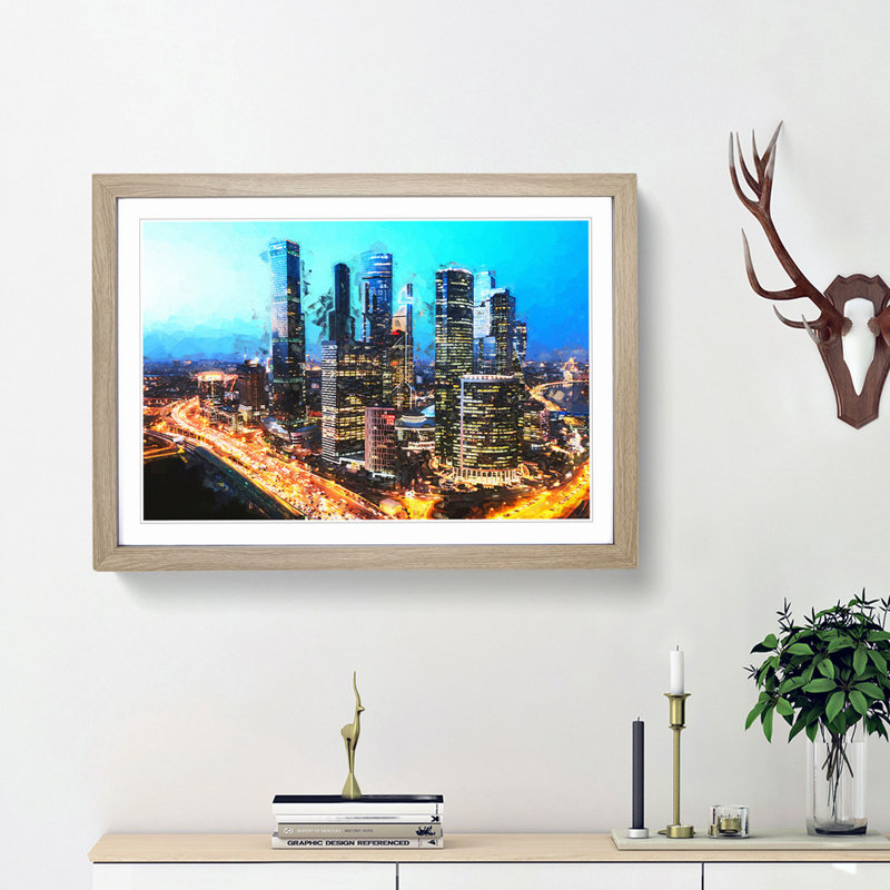 Moscow Russia Skyline in Abstract - Picture Frame Graphic Art Print, 48cm H x 65cm W x 2cm D, Oak Framed