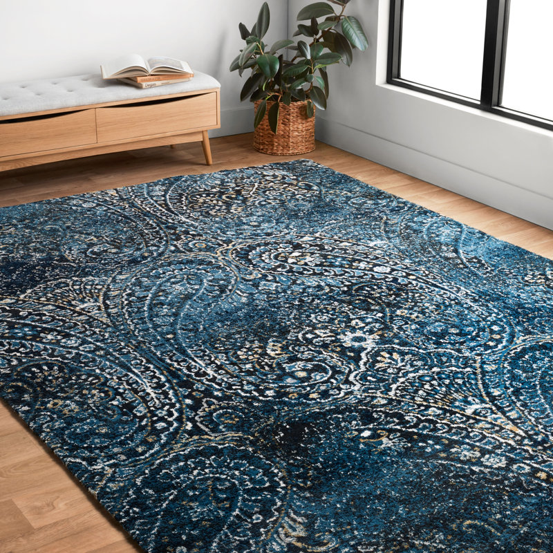 Tapis bleu marine à motif cachemire Wainscott, Rectangle 5 pi x 7 pi 6 po