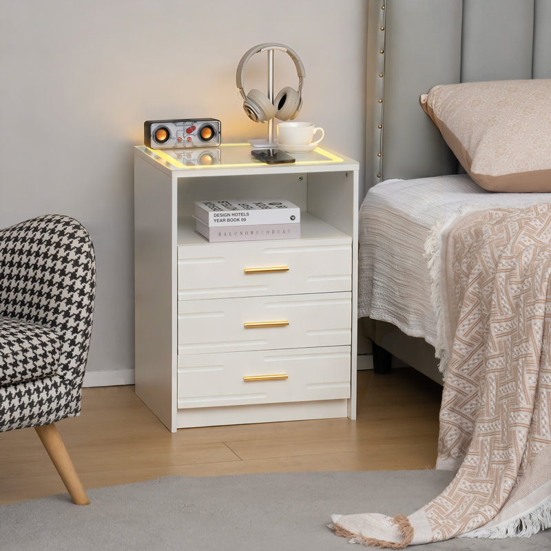 Nightstand With Charging Station And 3 Drawers, Led Lights, White