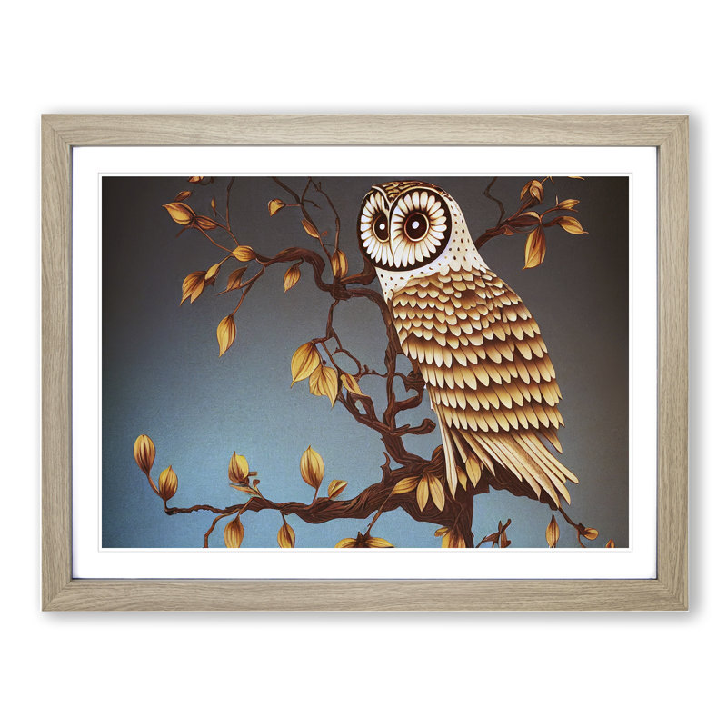 Owl Deco Style - Framed Print, 25cm H x 34cm W x 2cm D, Oak
