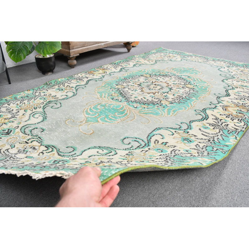Tapis turc Oushak fait à la main avec motif floral en laine verte pour décoration intérieure classique noir / vert