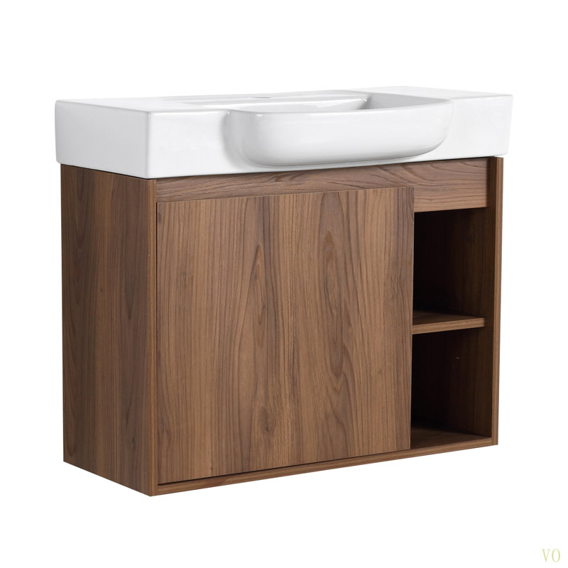Meuble-lavabo mural 28 po avec lavabo en céramique et porte à fermeture en douceur, emballage KD, Brun ébène, 27"