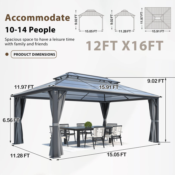 Gartoo 10ft W x 10ft D Aluminum Patio Polycarbonate Double Roof Gazebo ...