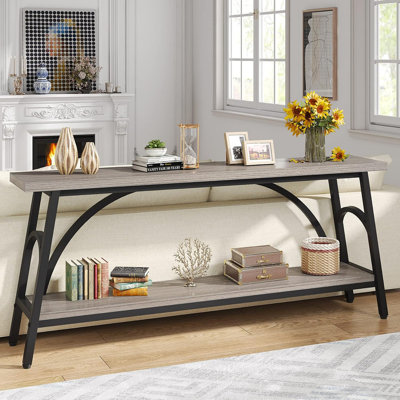 70.8”Sofa Tables, Extra Long Console Tables For Entryway, 2 Tier TV Stand With Steel Frame For Living Room, Wood Grain