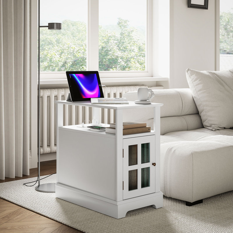 Table de bout avec station de charge, table d'appoint étroite avec prises USB, petite table avec tablette de rangement cachée pour le salon