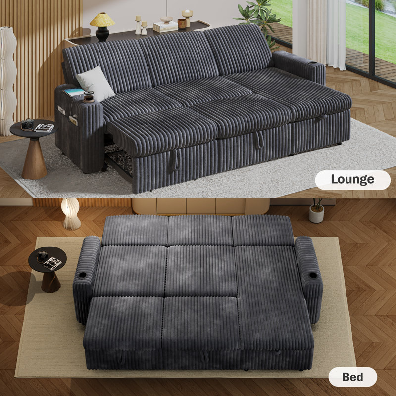 101” L Shaped Couch Sleeper Sofa Bed,Sectional Sofa With Cup Holders,Reversible Storage Chaise And Usb Ports, Tool Free Assembly
