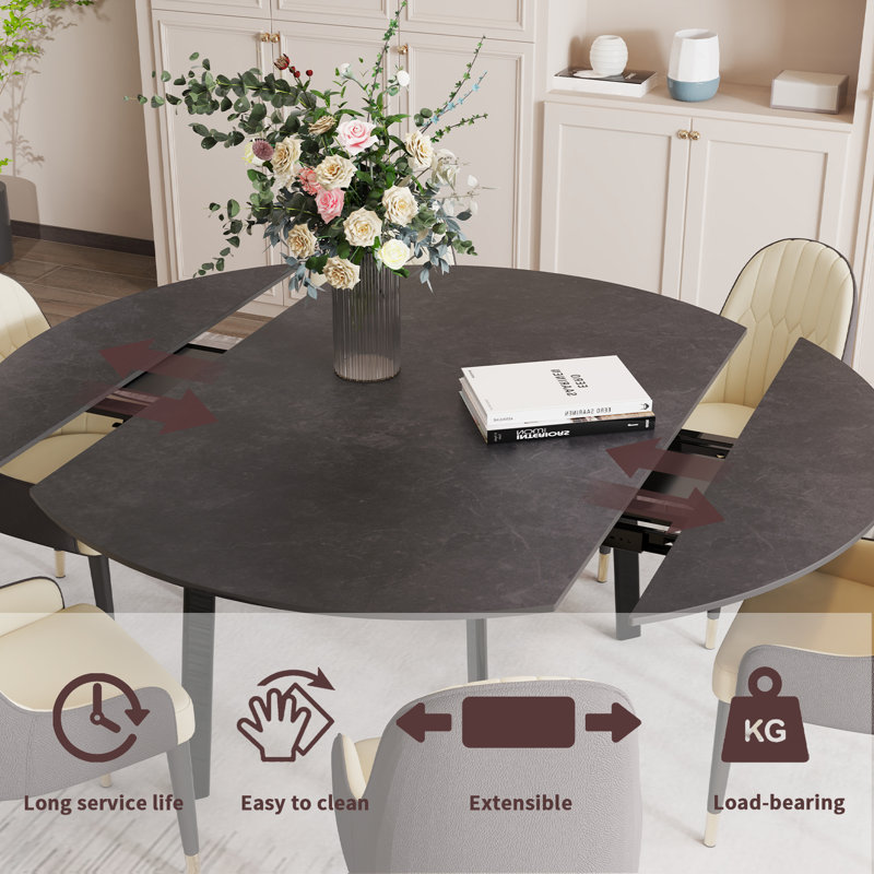 Champale Extendable Round Stone Top Metal Base Dining Table, Matte Black