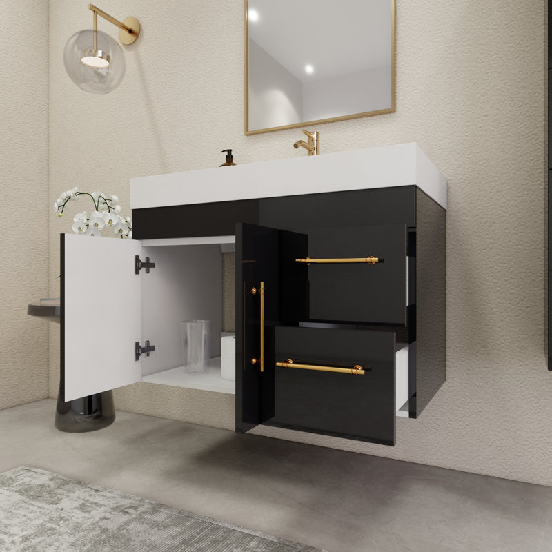 35.4" Wall-Mounted Single Bathroom Vanity Set, Glossy Black