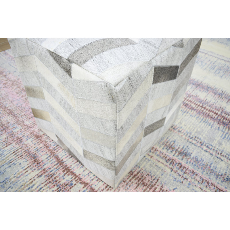 Zealand Leather Pouf, White/Grey Genuine Leather