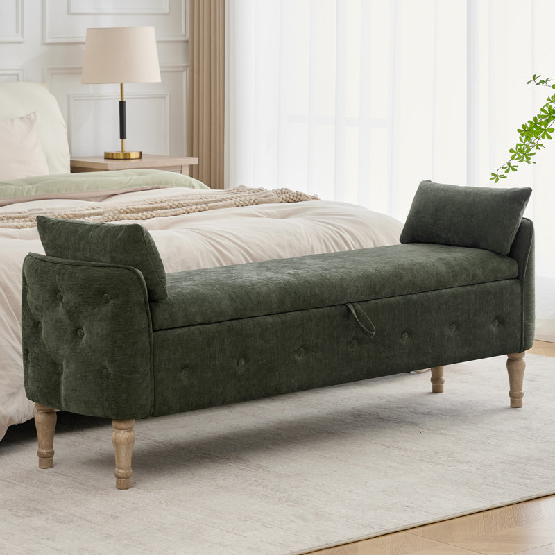 67" Linen Bedroom Storage Bench for End of Bed King Size with Tufted Armrest, 2 Zipper Pocket with Vintage Wooden Feet, 67" W